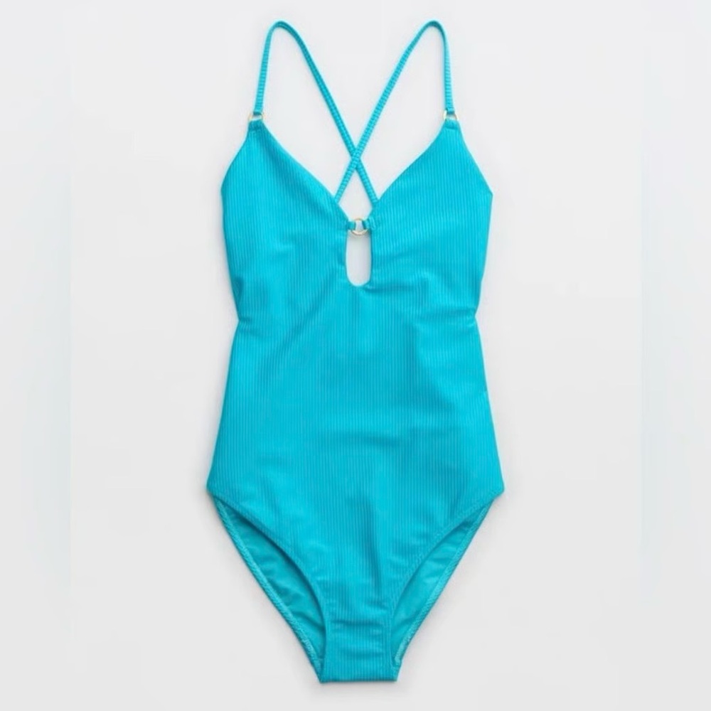 AE Aerie Cheeky Blue Strappy V Neck Plunge One Piece Swimsuit Size Large
